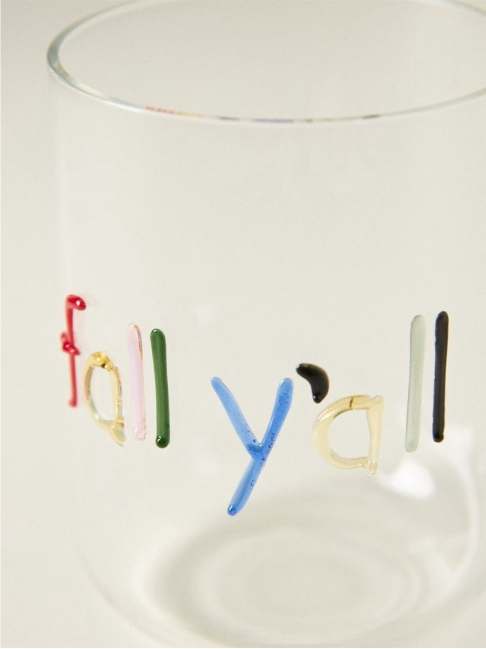 2 Glasses Anthropologie Clear Glass Tumbler with Raised Multicolor Lettering